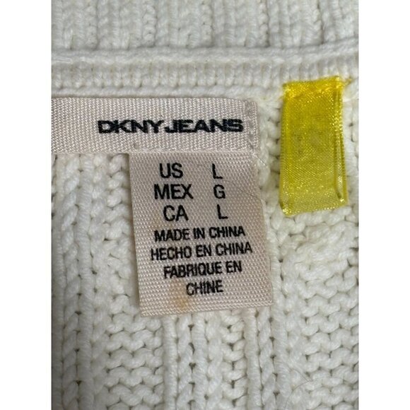 Y2K DKNY Women's Ivory Cable Knit  Sweater Button Details  Ribbed Hem Size L - Picture 10 of 13